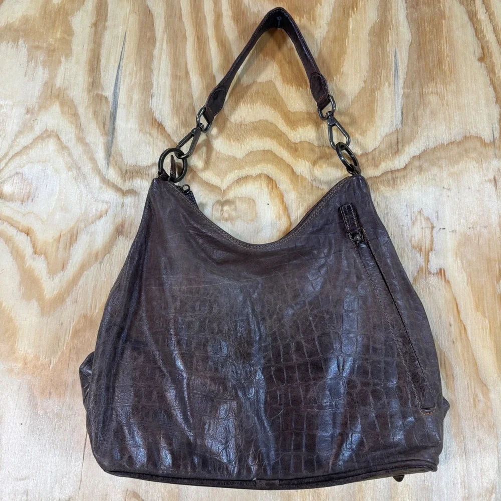 Terrida Brown Leather Croc Embossed Hobo Shoulder Bag Handbag Made in Italy